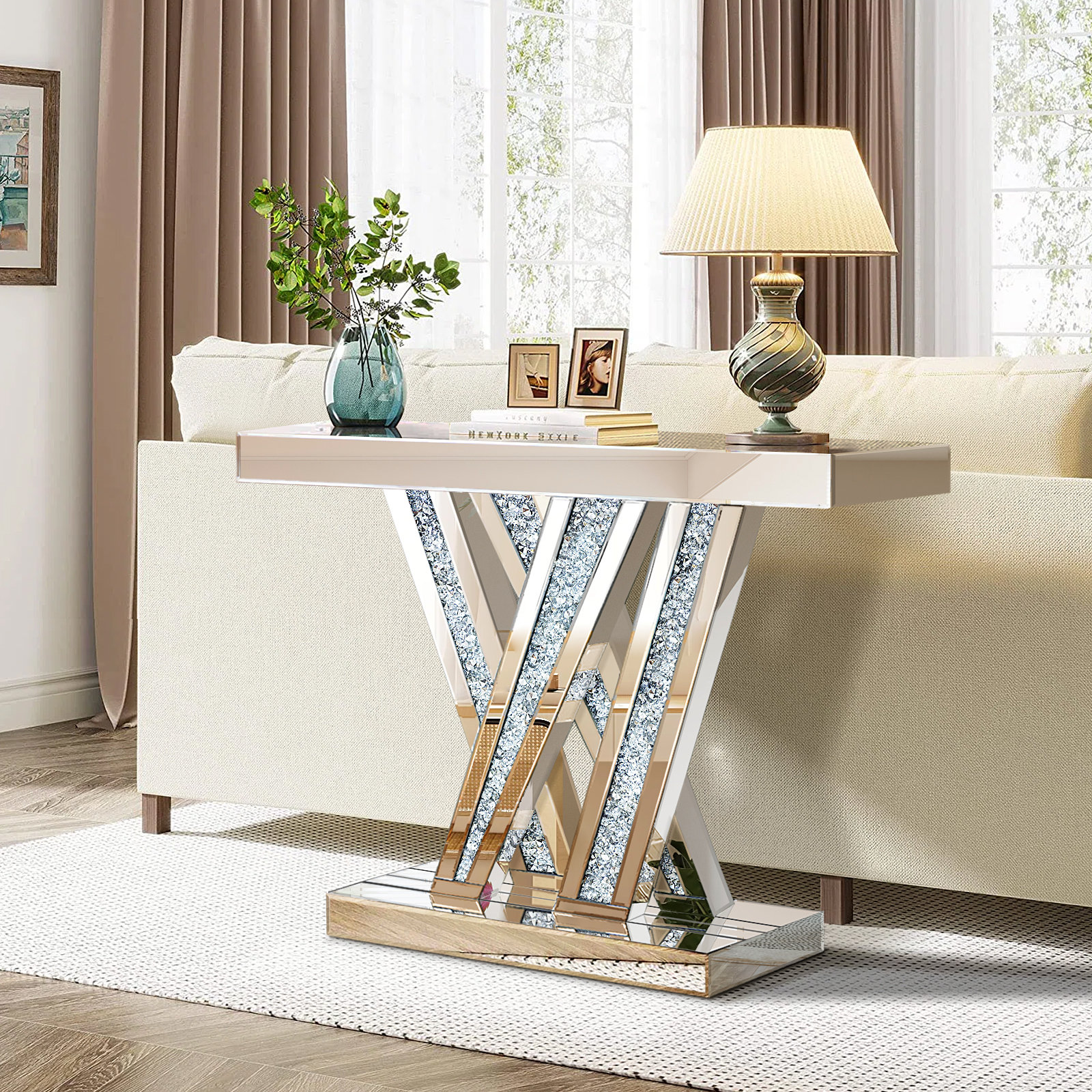 Mercer41 Modern Entryway Console Table With Crushed Diamond Inlay, 35" Silver Mirrored Glass ...